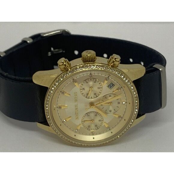 Michael Kors MK6328 Women Black Leather Analog Gold Dial Quartz Wrist Watch E325 main image 11